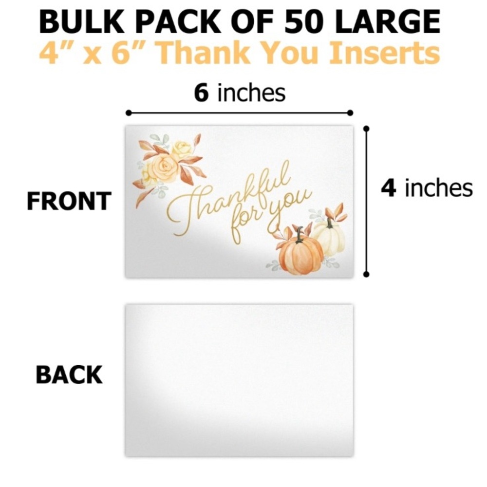 Set of 50 “Thankful for You” 4x6 Thank You Cards Fall Pumpkin Design Orange